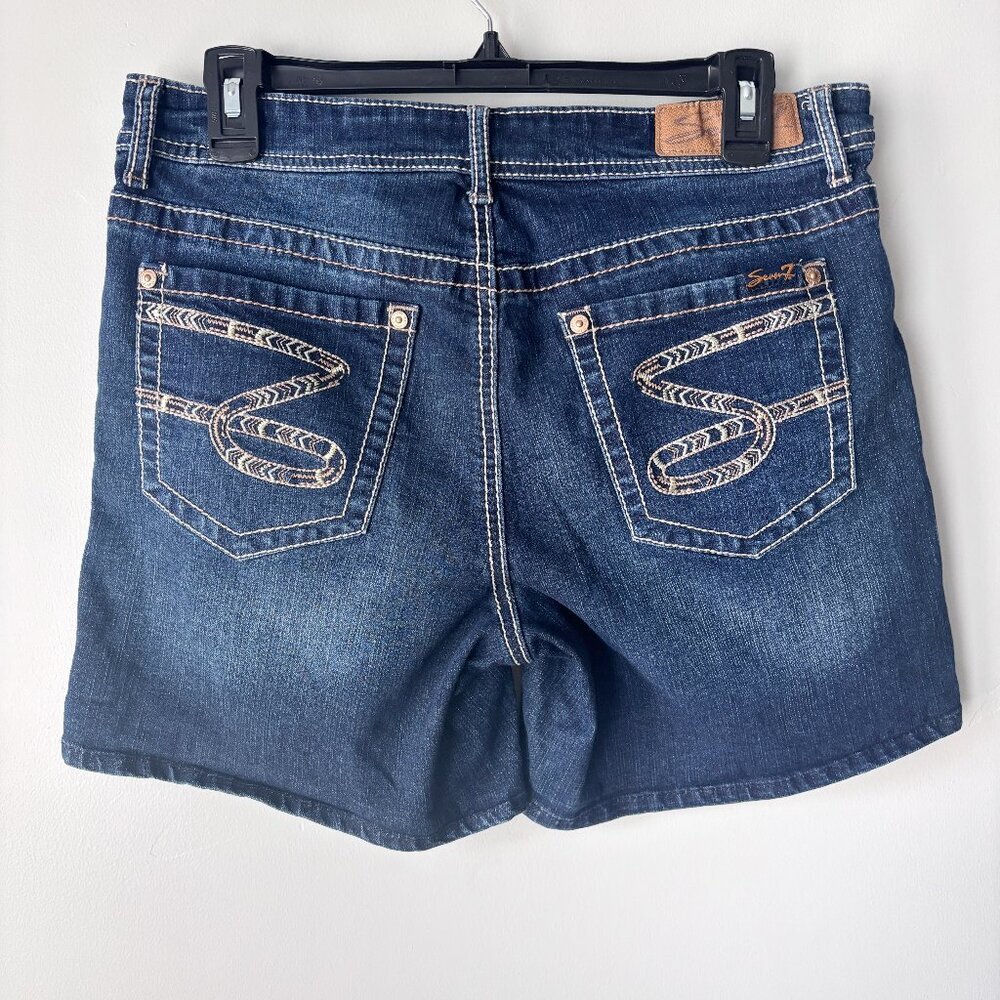 Seven 7 For All Mankind Buckley Blue Denim Shorts Size 12 Dark Wash Thick Stitch